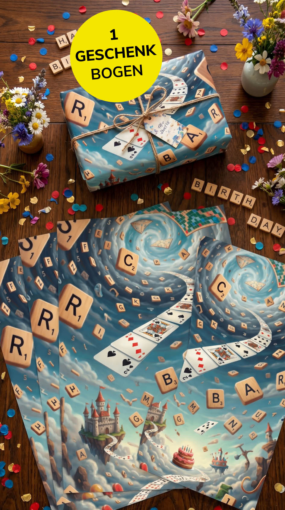 Lustiges Geschenkpapier 1 Bogen Scrabble - witziges Motiv zum Geburtstag